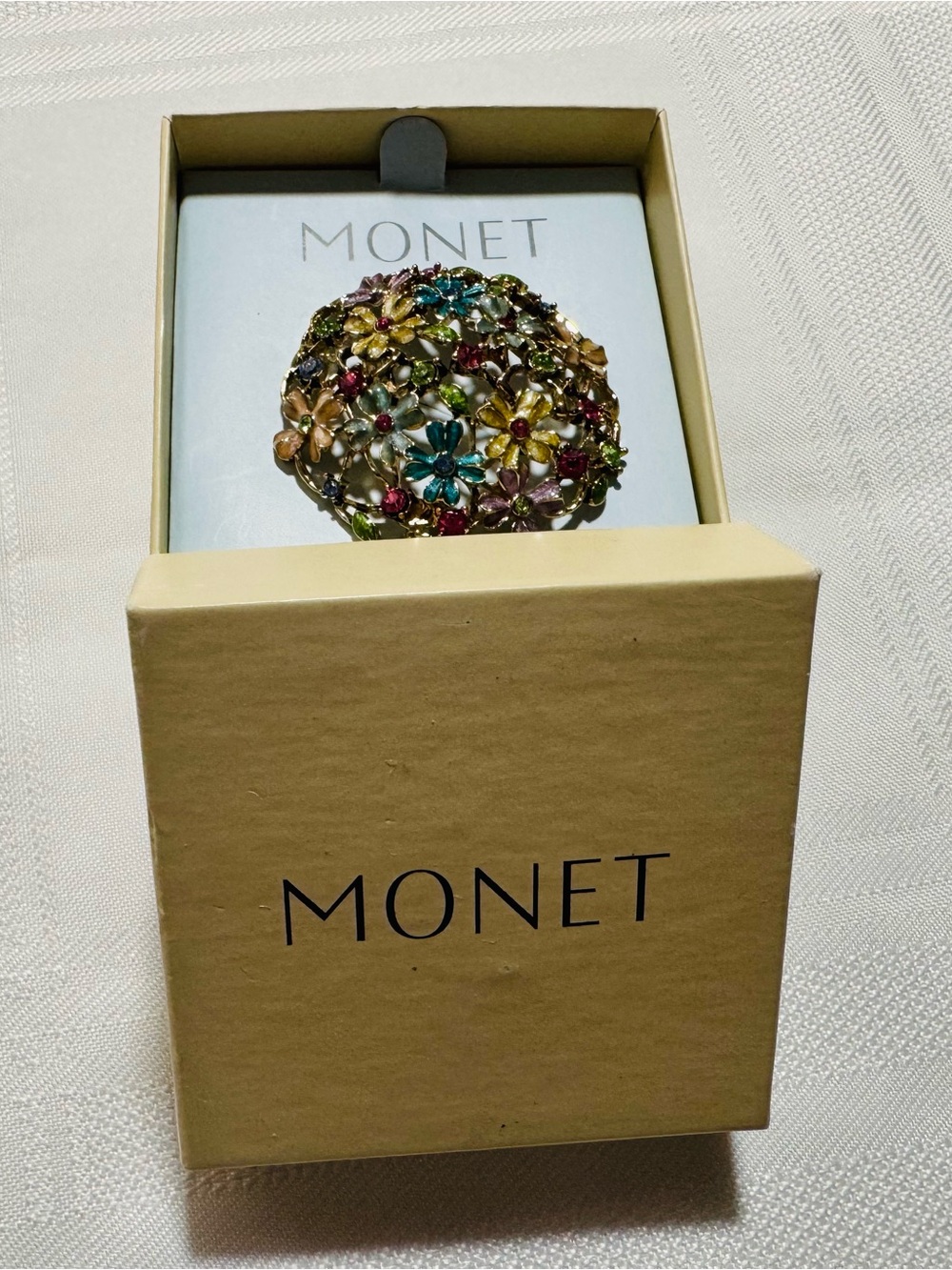 NIB Vintage Monet Gold-Tone Multicolor Floral Enamel and Crystal Brooch